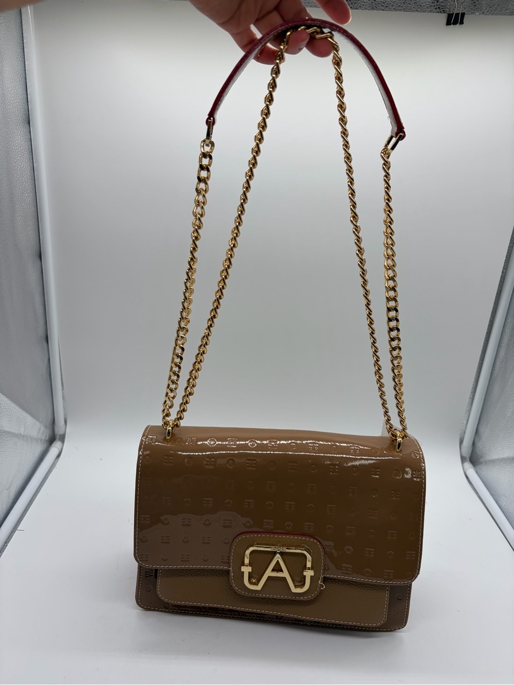 ARCADIA BEIGE Italy Gianna Patent Leather Crossbody Sliding Gold Chain Strap